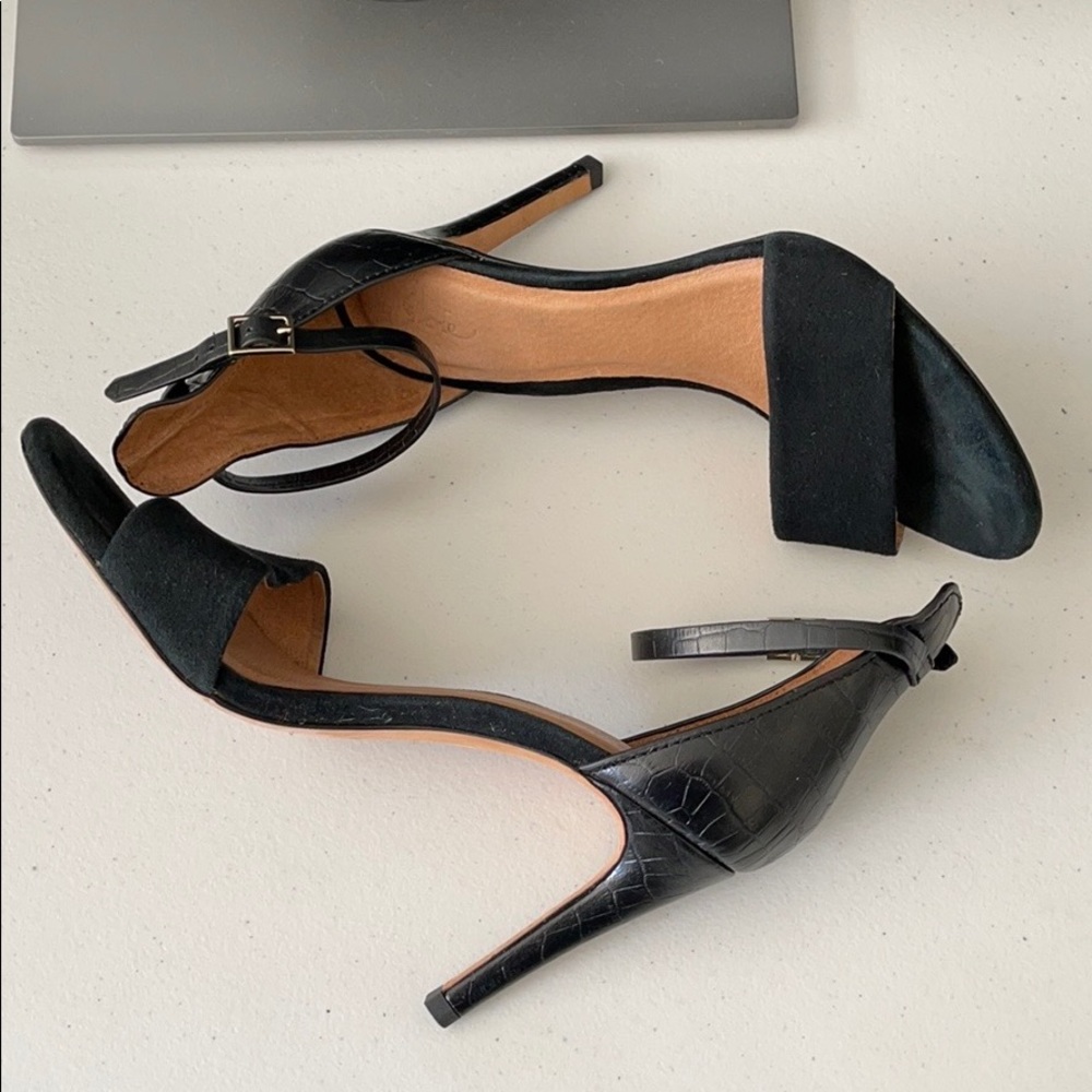 Joie Black Suede and Embossed Snake Strappy Heels